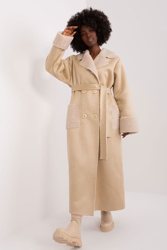 Elegant long ankle length Lakerta winter coat with tie belt and premium insulation, showcasing casual style with a touch of luxury, perfect for winter days.