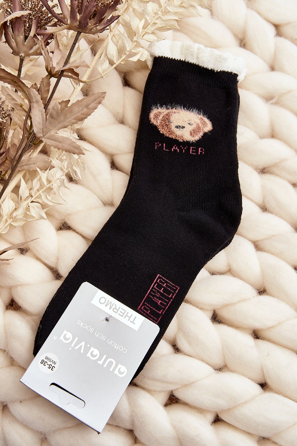 Chic women's socks crafted from premium cotton blend, showcasing a whimsical teddy bear design by Step in Style, perfect for luxurious warmth on cold days.