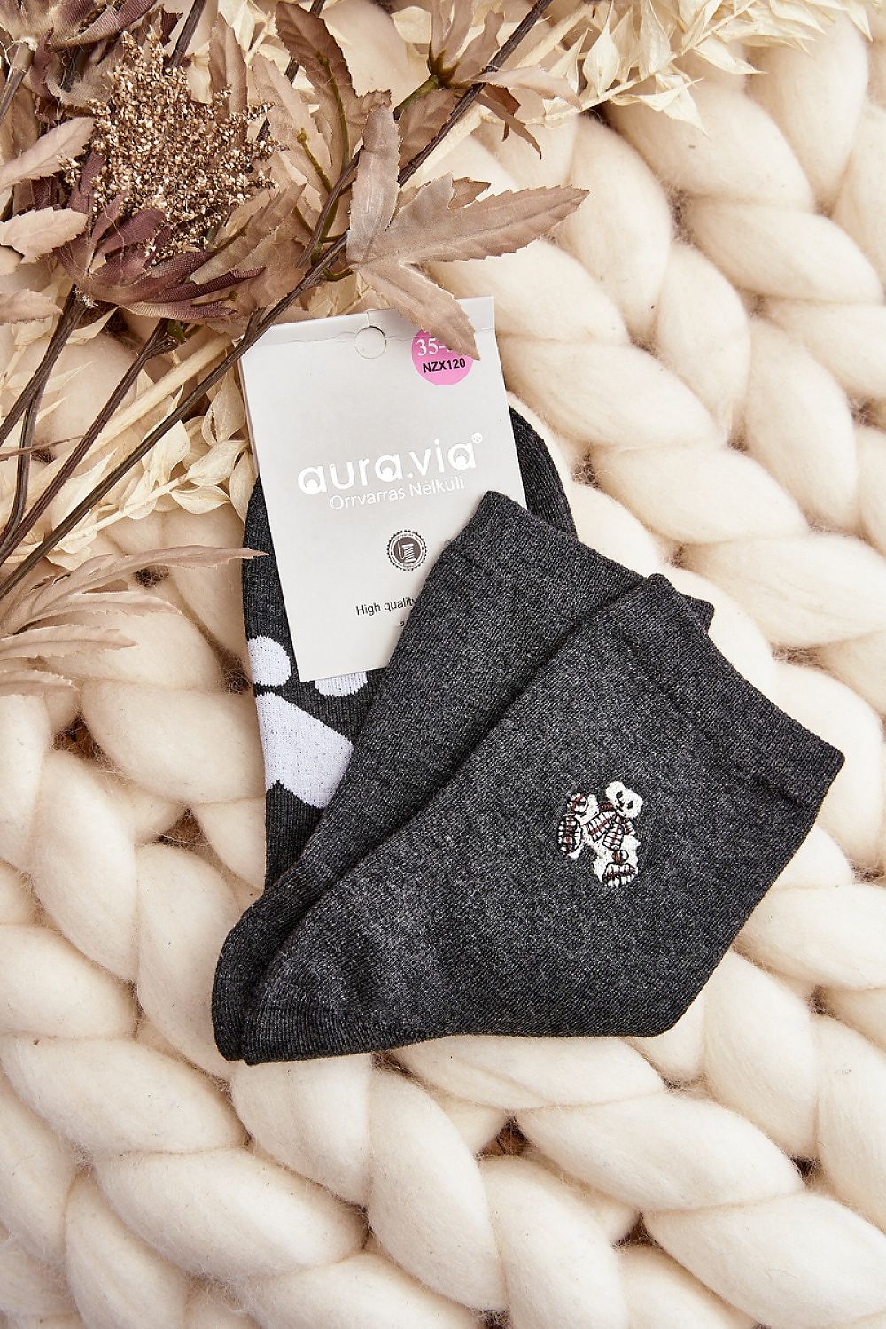 Luxury women's cotton ankle socks with heart and teddy bear design by Step in Style, perfect for winter gifting.