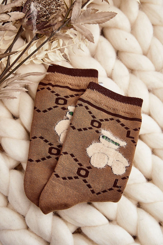 Luxurious women's cotton socks with a charming teddy bear patch, designed by Step in Style, perfect for keeping warm on cold days.