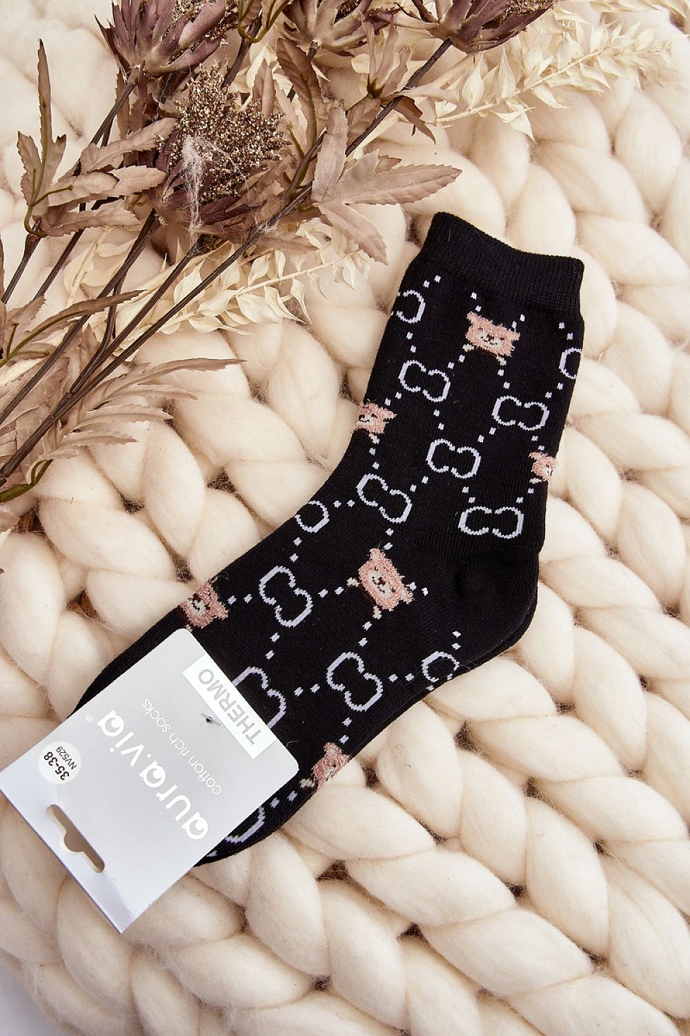 Elegant cotton socks for women by Step in Style, adorned with a cute teddy bear patch, ideal for cosy winter days.