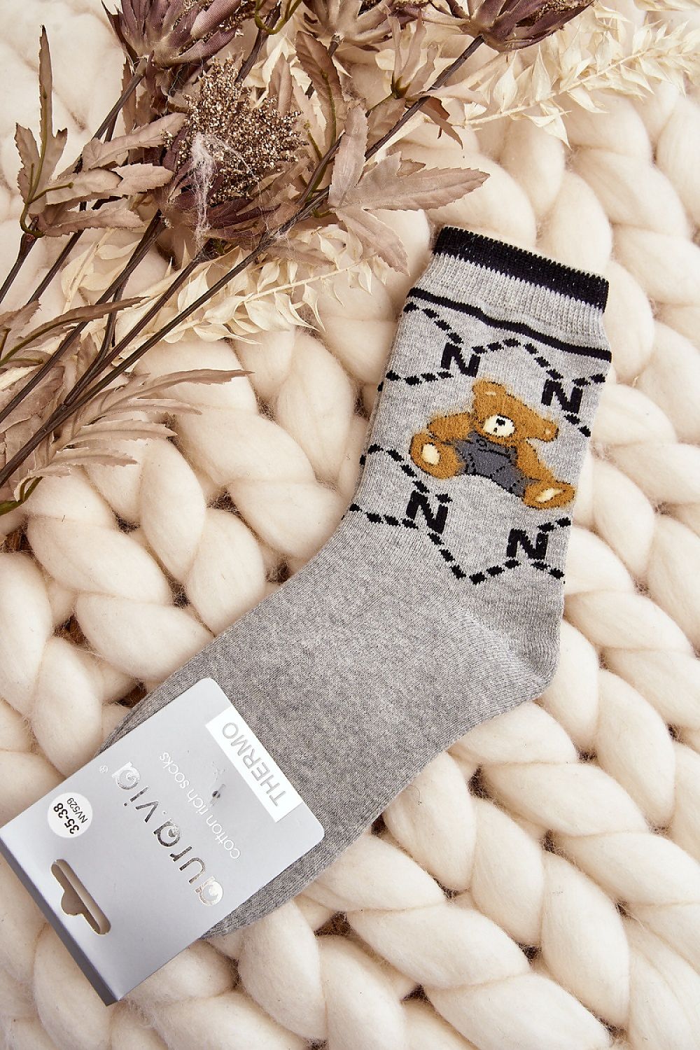 Elegant warm women's cotton socks featuring a charming teddy bear patch, designed by Step in Style for ultimate comfort.