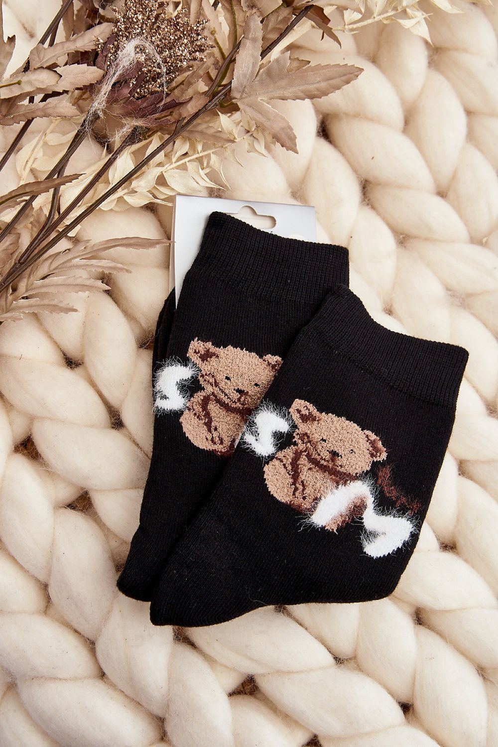 Warm Women's Cotton Teddy Bear Socks by Step in Style, showcasing a cozy design with teddy bear patch, made from 85% cotton, perfect for stylish comfort on cold days.