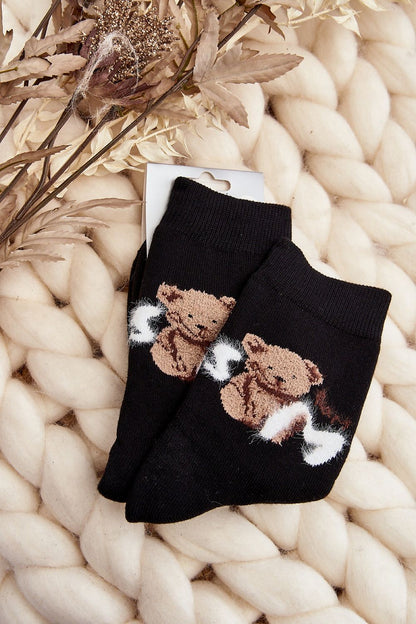 Warm Women's Cotton Teddy Bear Socks by Step in Style, showcasing a cozy design with teddy bear patch, made from 85% cotton, perfect for stylish comfort on cold days.