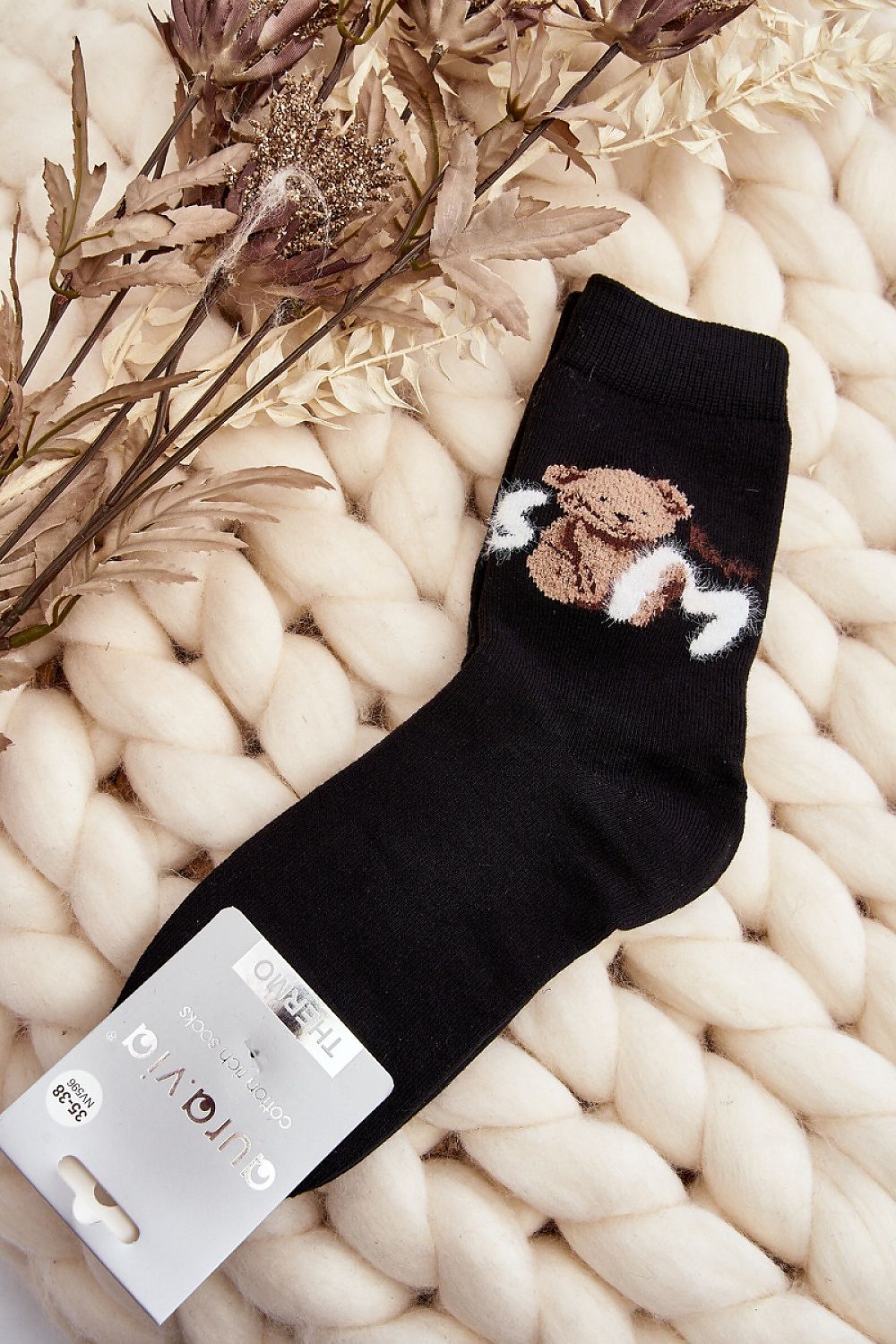 Step in Style Warm Women's Cotton Teddy Bear Socks, featuring delightful teddy bear detailing and luxurious 85% cotton fabric, designed for ultimate warmth and elegance.