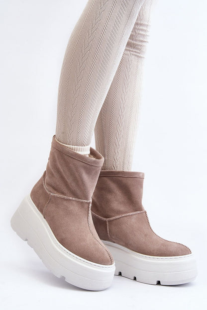 Luxury Women's Natural Leather Buskin Boots with Sheepskin Lining from Step in Style. Ankle-length design featuring a rounded toe box and massive platform for ultimate comfort.