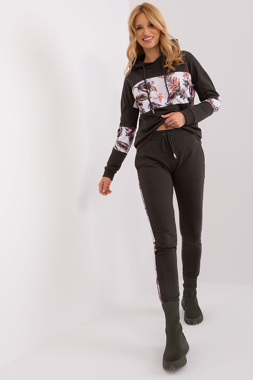 Luxury floral insert cotton tracksuit set for women by Relevance, featuring a stylish hoodie and high-rise pants for ultimate comfort.
