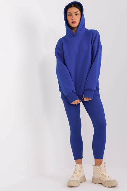 Luxury Women's 2-Piece Cotton-Spandex Set by Relevance featuring a stylish sweatshirt with ribbed hem and high-rise ribbed leggings, ideal for comfort and casual fashion.