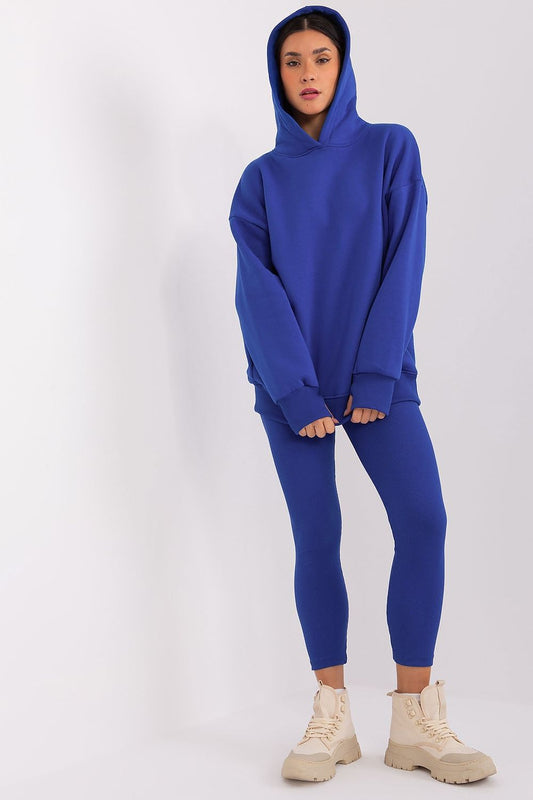 Luxury Women's 2-Piece Cotton-Spandex Set by Relevance featuring a stylish sweatshirt with ribbed hem and high-rise ribbed leggings, ideal for comfort and casual fashion.