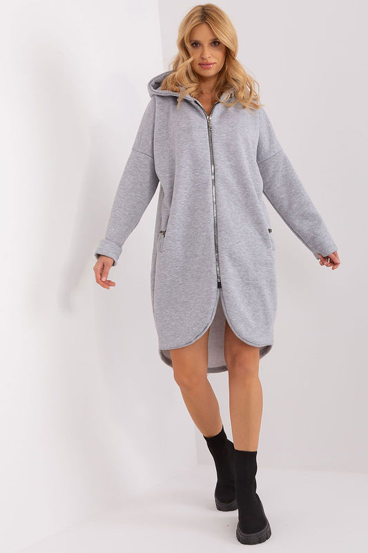 Luxurious women's extended sporty sweatshirt with hood and zipper closure by Relevance, featuring a unique elongated design for elegance and comfort, ideal for active and casual wear.