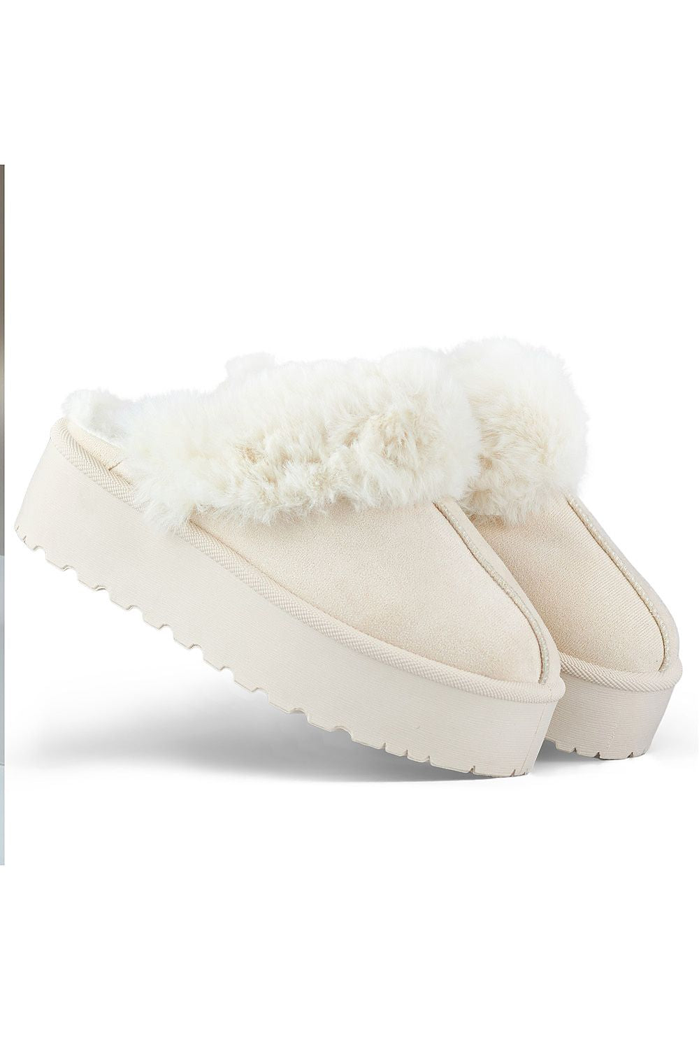 Elegant PRIMO women's eco-suede slippers with rounded nose design, fur insulation, and a chic 4.5 cm platform for fashionable lounging.