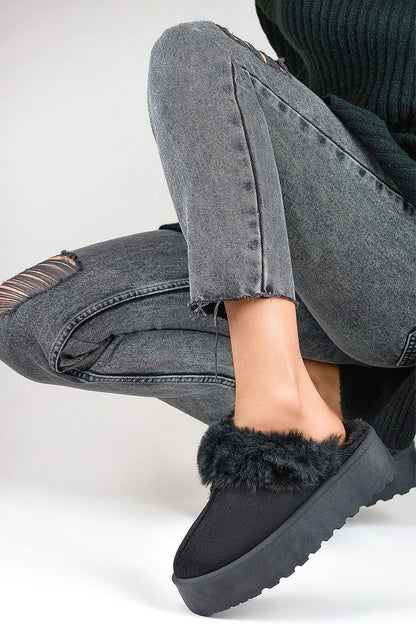 Luxurious eco-suede women's slippers with fur lining by PRIMO, featuring a stylish rounded nose and a 4.5cm rubber platform.