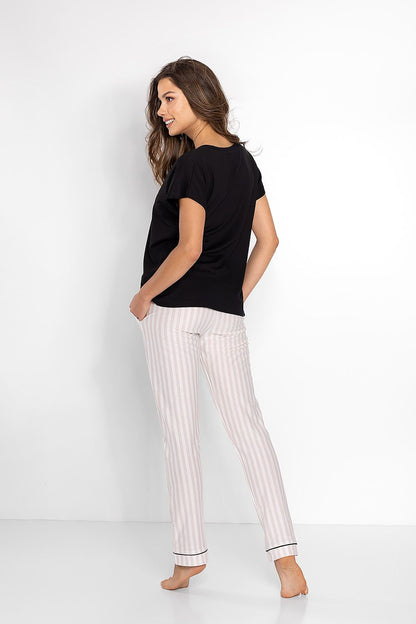 Elegant Women's Pyjama Set from Momenti Per Me, showcasing the soft fabric and sophisticated striped design of the elastic pants paired with a heart neckline blouse.