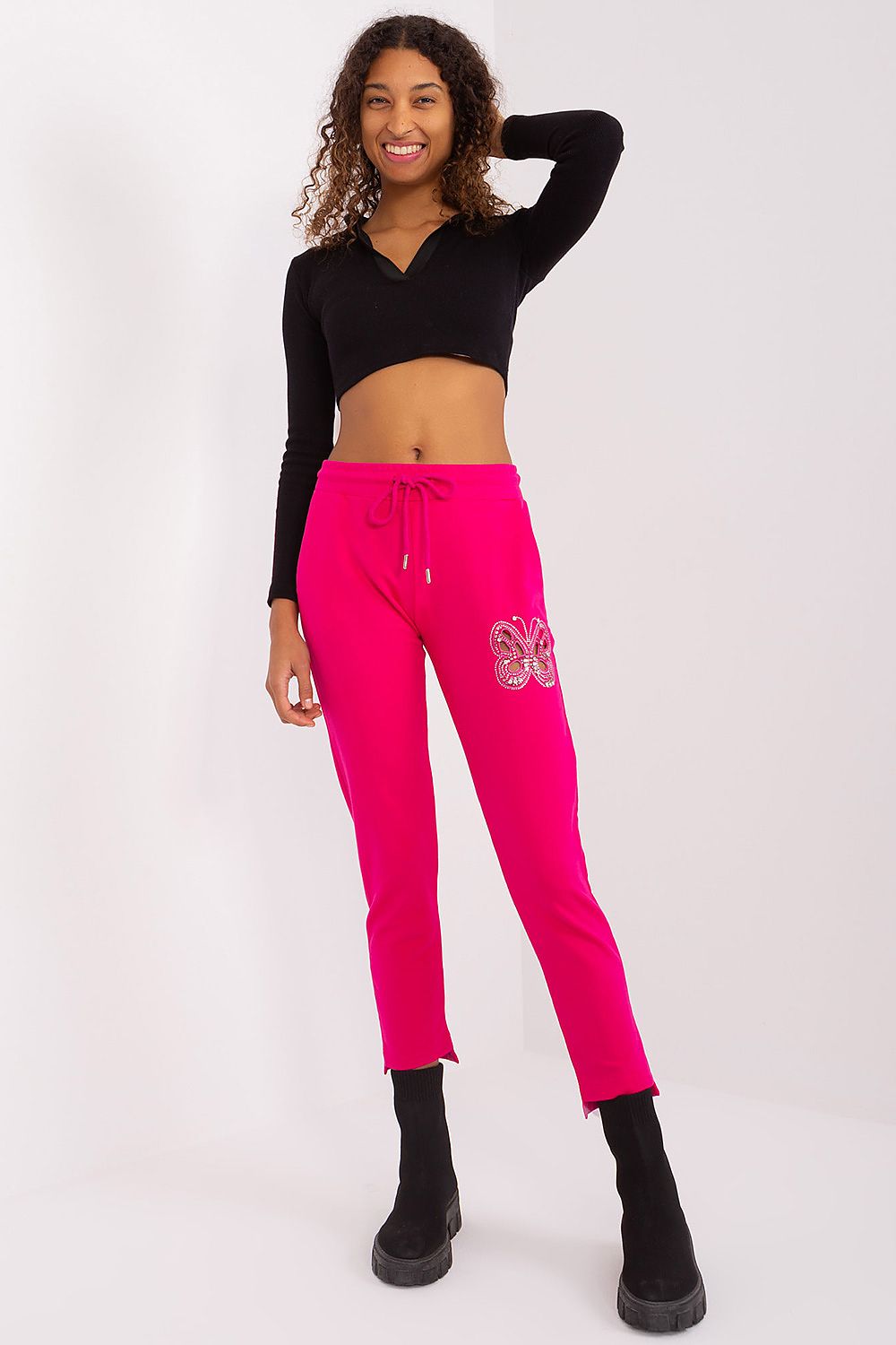 Elegant women's cotton blend tracksuit trousers in black with high waist and delicate rhinestone detailing by Relevance, showcasing a perfect balance of comfort and luxury style.