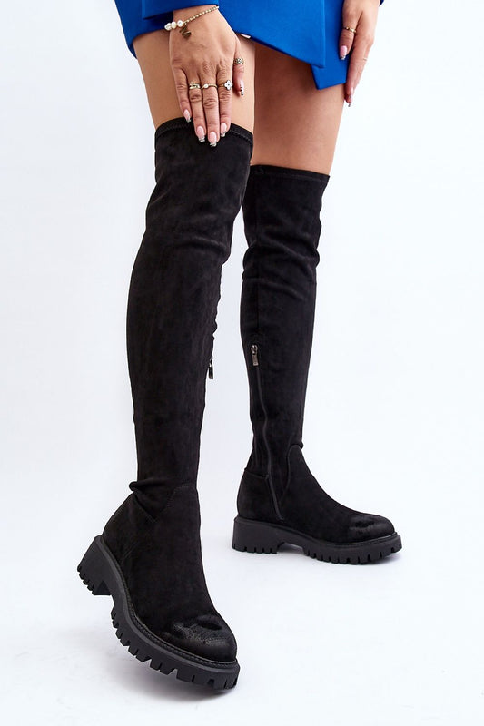 Luxurious Women's 57cm thigh-high eco-suede boots with flat heel and zipper closure by Step in Style, perfect for adding an elegant touch to any outfit.