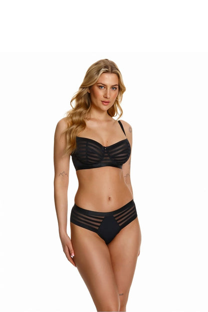 Luxurious black soft bra set for curvy women by Lupo Line, featuring elegant mesh design and sensual cutout panties, perfect for adding sophistication and allure to your lingerie collection.