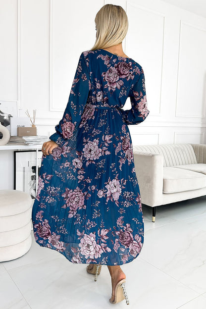 Stunning Numoco long dress made from premium chiffon fabric, featuring an elegant envelope neckline and beautiful floral design, perfect for classic style lovers.