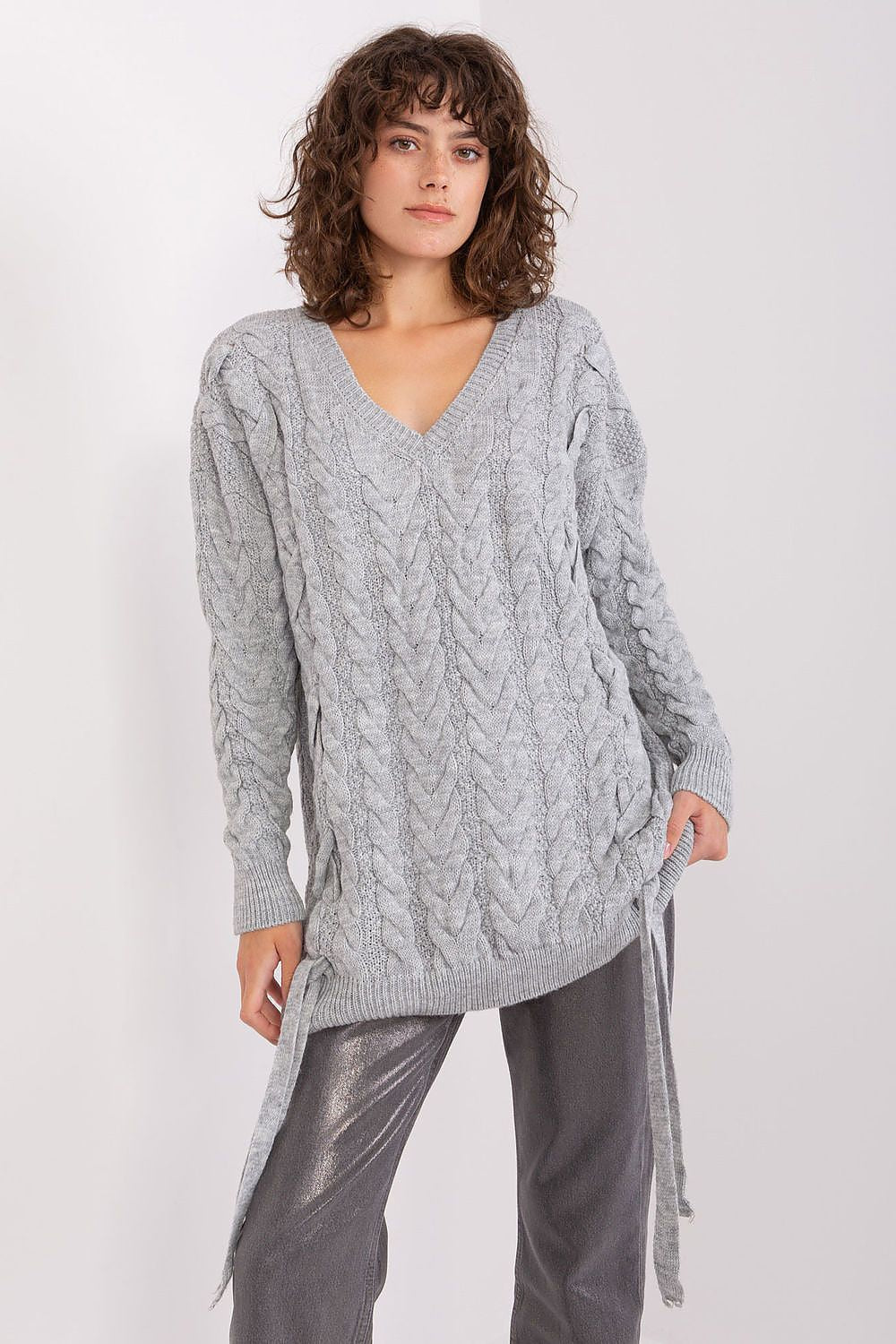 Luxurious Women's Acrylic Wool Sweater by Badu, showcasing a plaid texture and elegant decorative ties.
