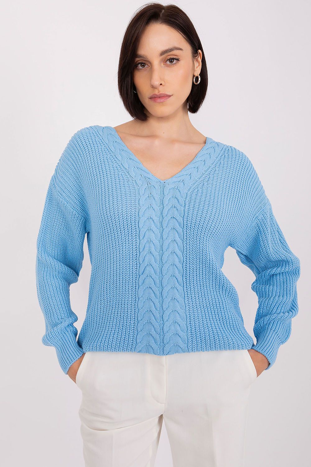 Elegant Women's V Neck Sweater with Variegated Texture from Badu, crafted from a luxurious acrylic-wool blend for ultimate comfort and style.