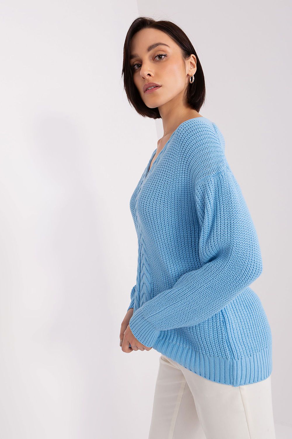 Elegant Women's V Neck Sweater by Badu showcasing its variegated texture, crafted from a luxurious acrylic and wool blend for supreme comfort.