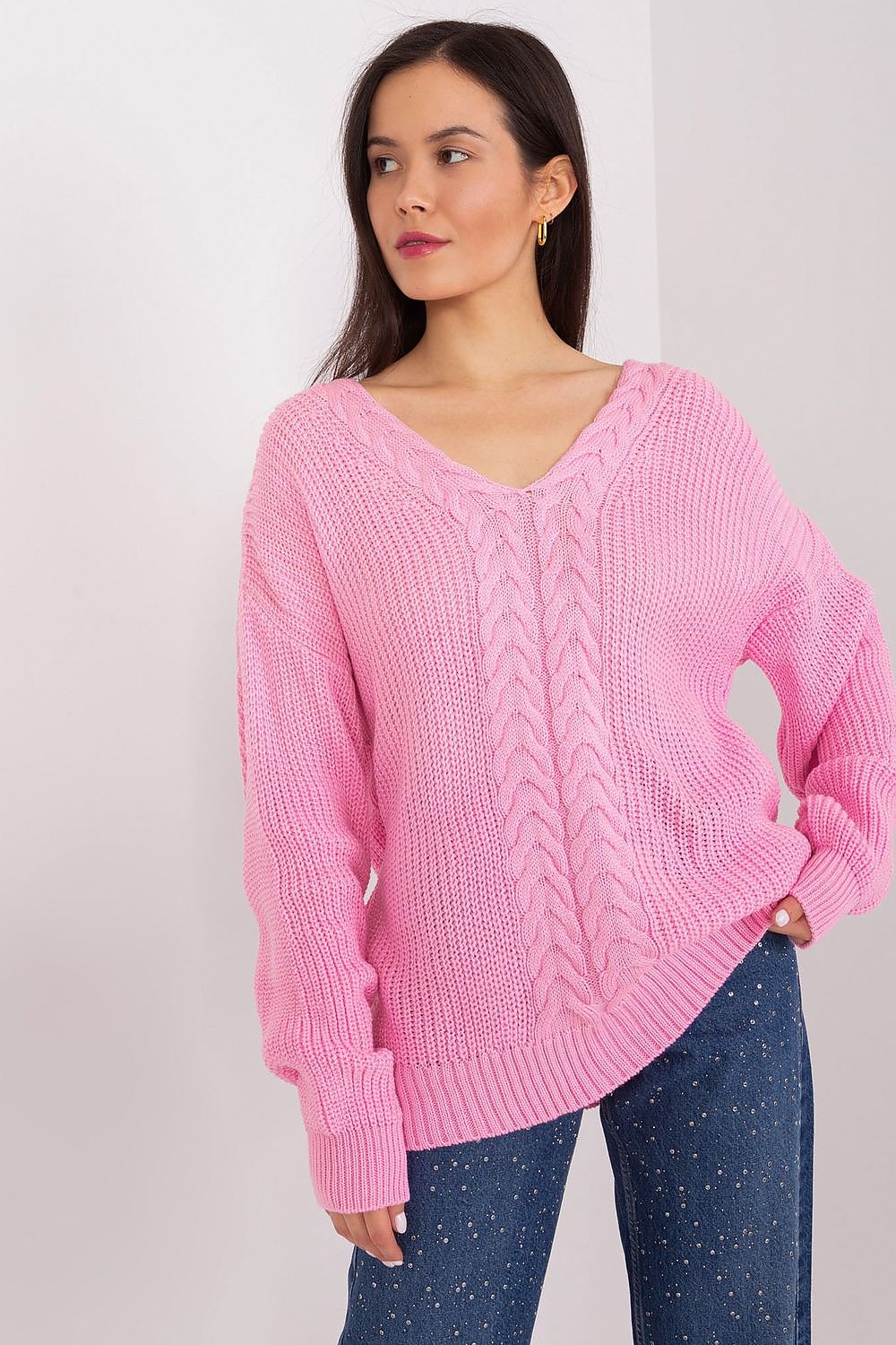 Elegant women's variegated texture acrylic wool sweater by Badu, featuring a classic V neckline and long sleeves, perfect for sophisticated everyday styling.