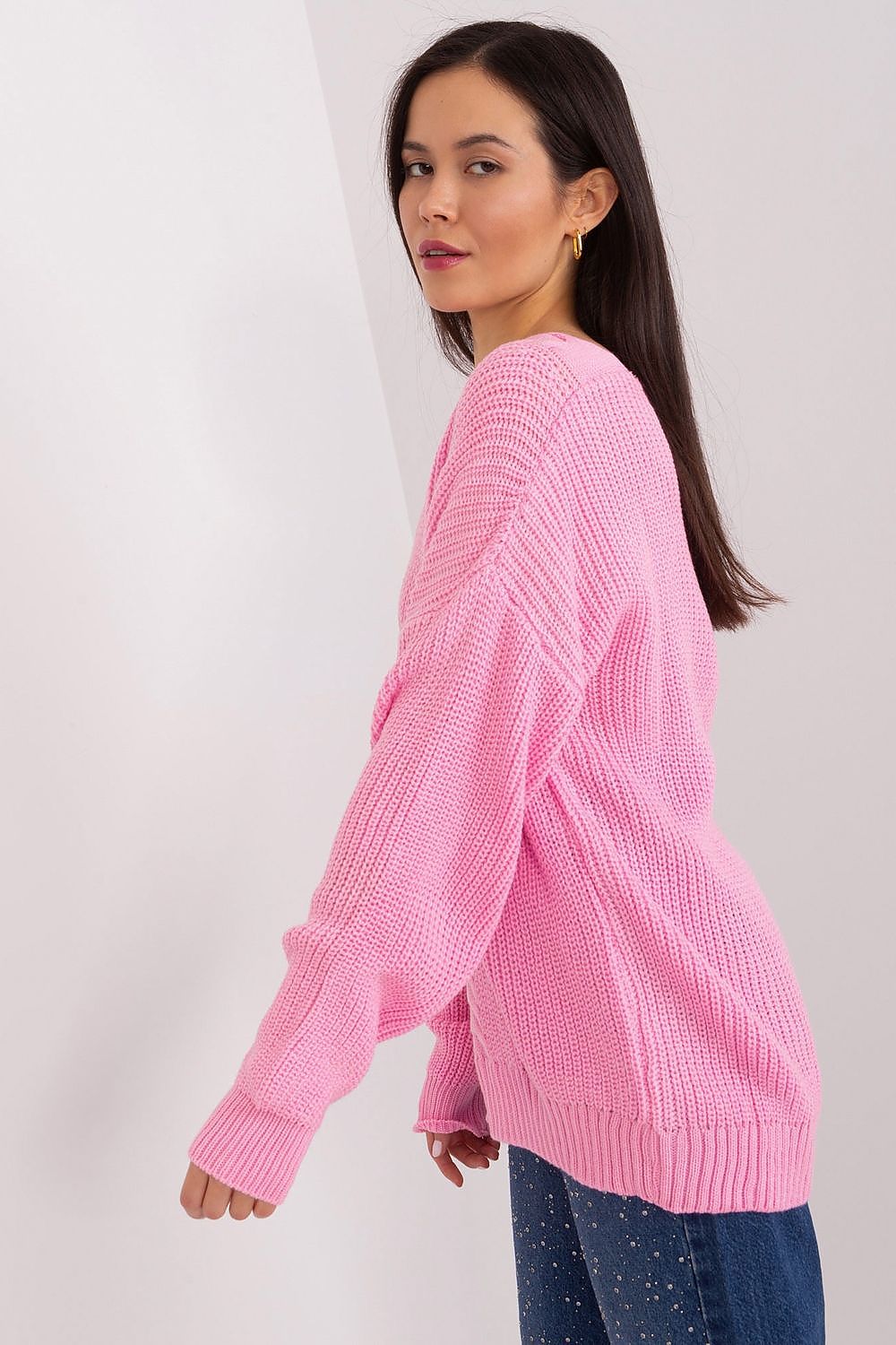 Elegant women's variegated texture acrylic wool sweater by Badu, featuring a classic V neckline and long sleeves, perfect for luxurious everyday styling.