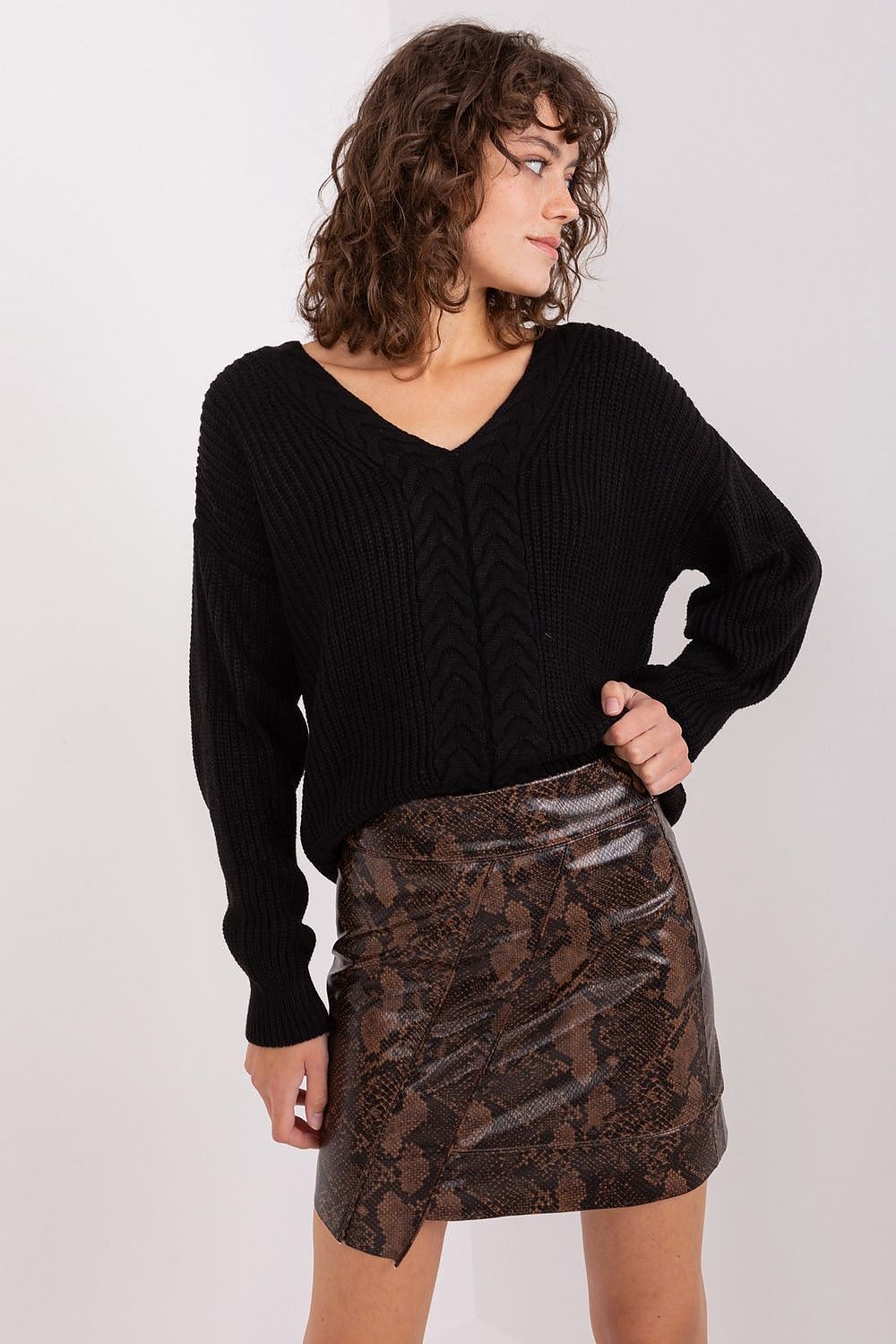 Elegant women's variegated texture sweater with V neckline in classic acrylic and wool blend by Badu, perfect for stylish everyday wear.