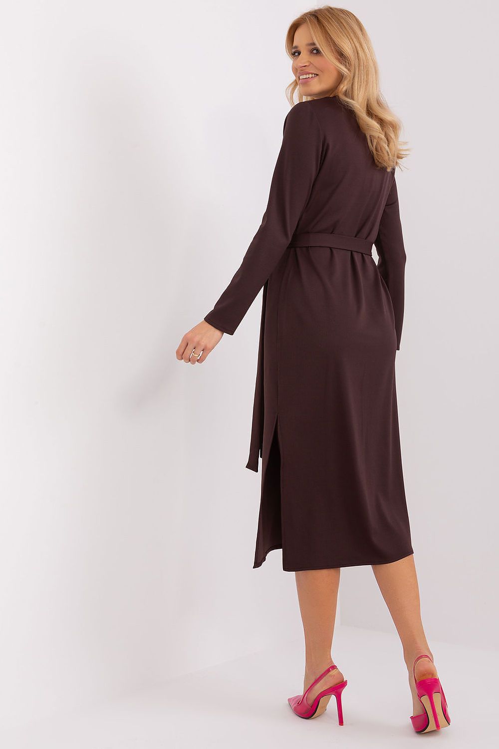 Full view of Lakerta long sleeve dress showcasing the flattering silhouette and stylish side slit, ideal for elegant events.