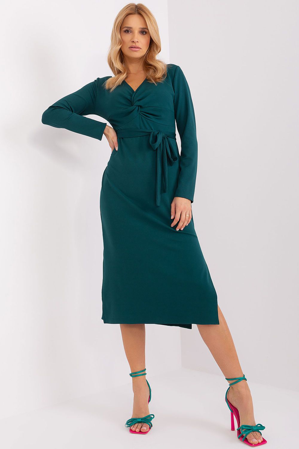 Luxurious view of the Lakerta long sleeve daydress featuring a heart neckline, perfect for sophisticated occasions.