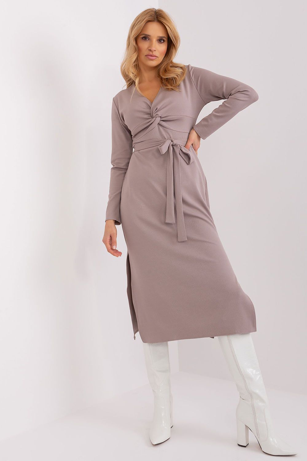 Elegant long sleeve daydress by Lakerta featuring a stylish heart neckline and luxurious design.