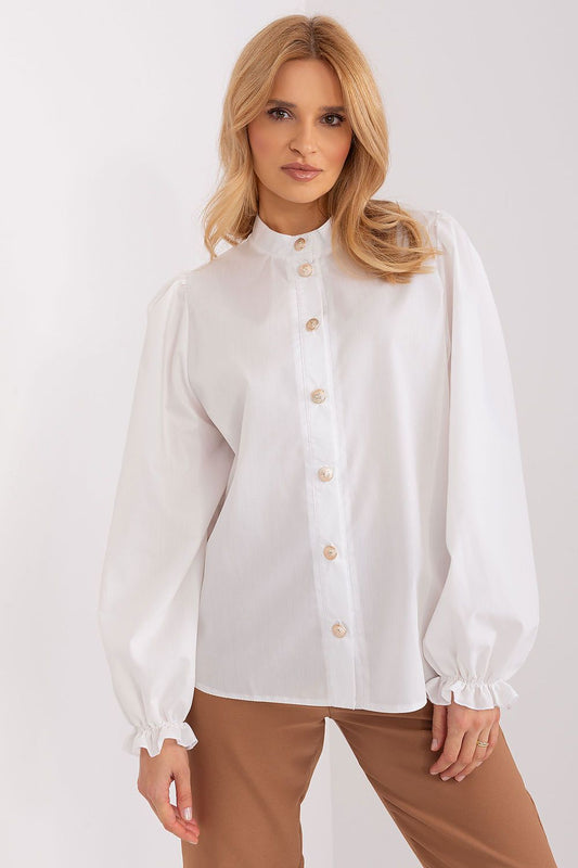 Luxurious Lakerta women's long sleeve shirt featuring elegant frilled sleeves and a sophisticated stand-up collar, perfect for any occasion.