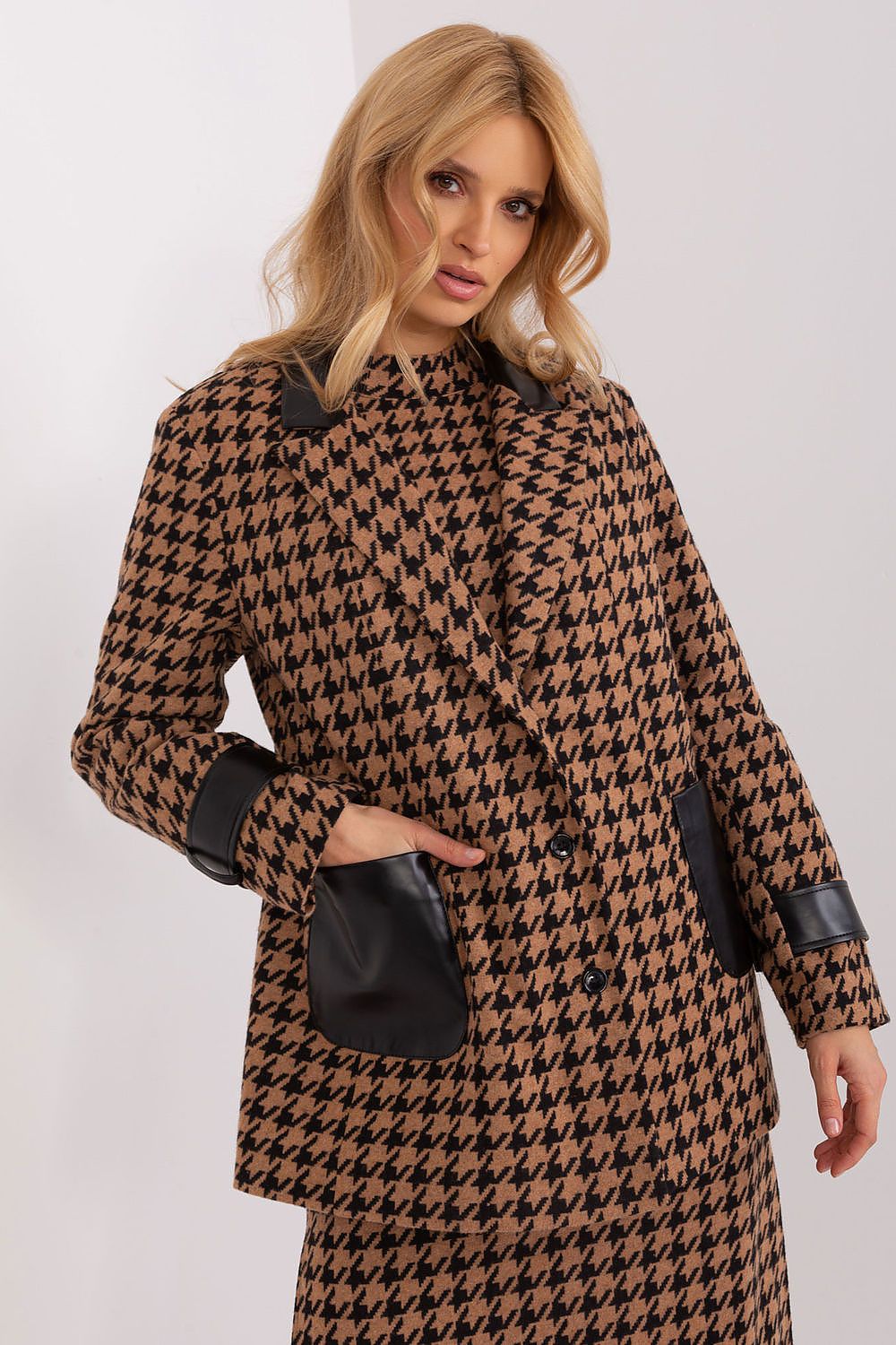 Lakerta Women's Eco Leather Trim Jacket, elegantly designed with a button closure and slip pockets, showcasing luxury and style.