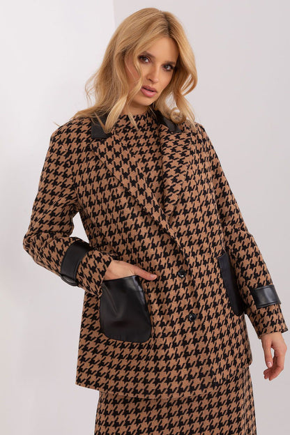 Lakerta Women's Eco Leather Trim Jacket, elegantly designed with a button closure and slip pockets, showcasing luxury and style.