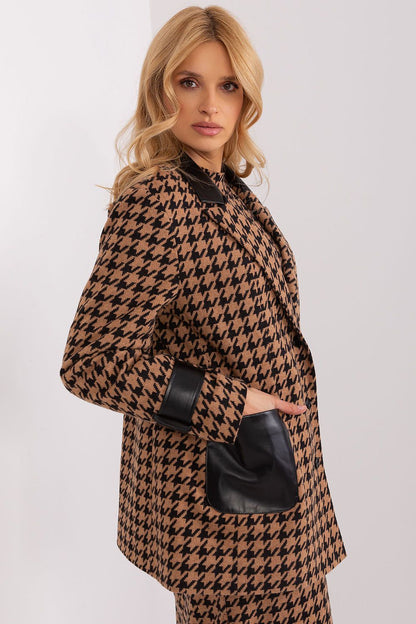 Close-up of the luxurious eco leather trim on the Lakerta Women's Jacket, combining sustainability with chic fashion.