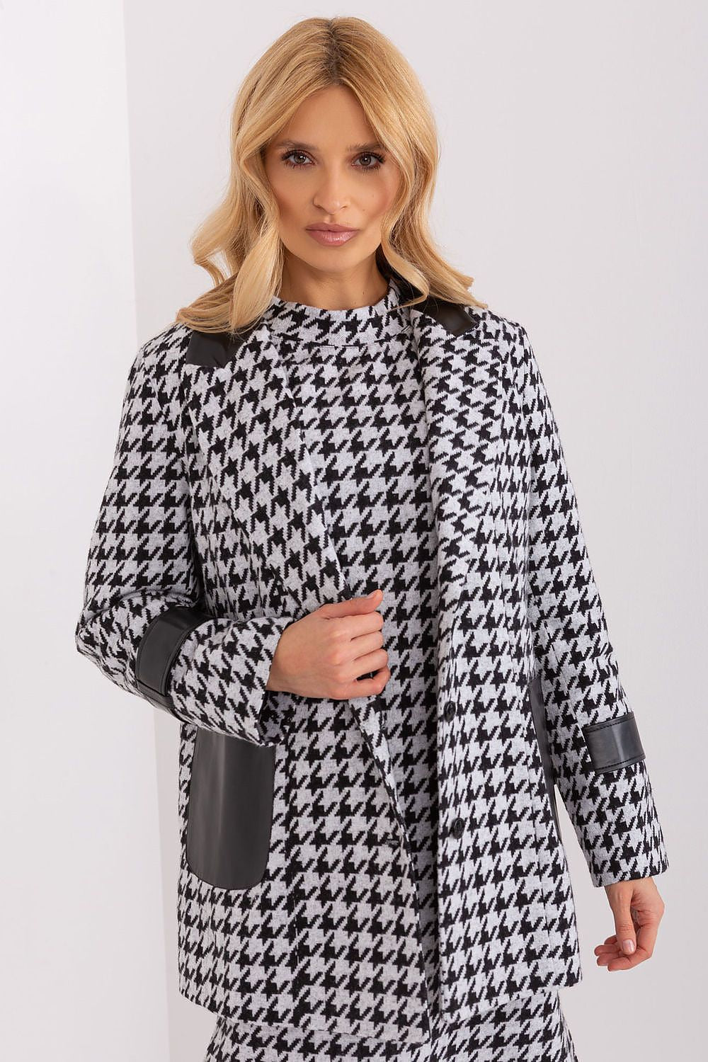 A stylish presentation of the Lakerta Women's Eco Leather Trim Jacket, perfect for a fashionable look that merges comfort and elegance.