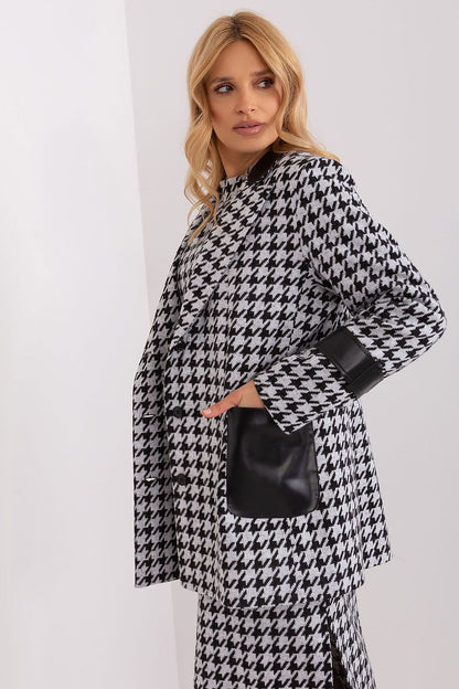 Stylish Lakerta Women's Eco Leather Trim Jacket in a sophisticated design, showcasing long sleeves and a chic buttoned front for a refined look.