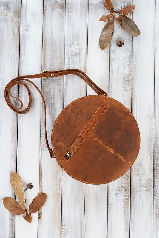 Close-up of Galanter Aged Natural Leather Women's Handbag highlighting the vintage texture and unique character.