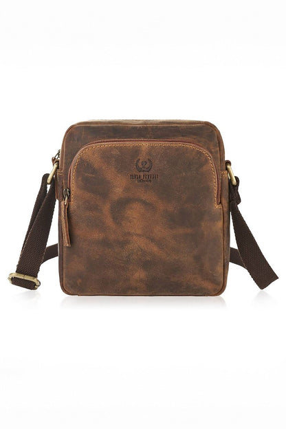 Luxury brown natural leather shoulder bag T-63-HBR by Galanter showcasing its unique aged character and fine craftsmanship.