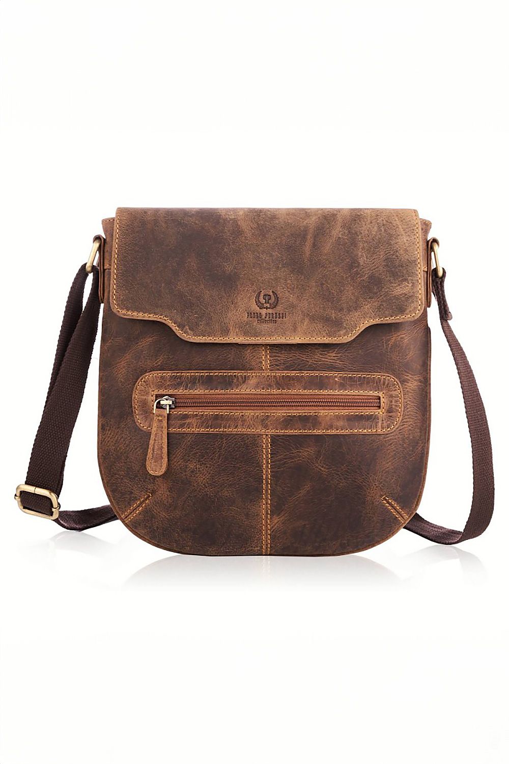 Galanter Natural Aged Leather Bag T-61 showcasing its refined craftsmanship, featuring an adjustable strap and multiple pockets for luxury and functionality.