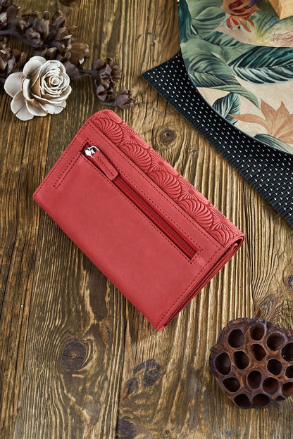 Back view of luxury Galanter IN57 women's leather wallet with zippered compartments, featuring high-quality natural leather and sophisticated design.