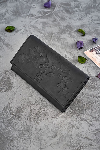 Galanter luxurious women's floral wallet in aged natural leather featuring intricate embossing, showcasing its stylish design and RFID protection.