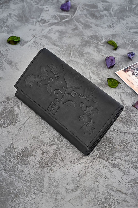 Galanter luxurious women's floral wallet in aged natural leather featuring intricate embossing, showcasing its stylish design and RFID protection.