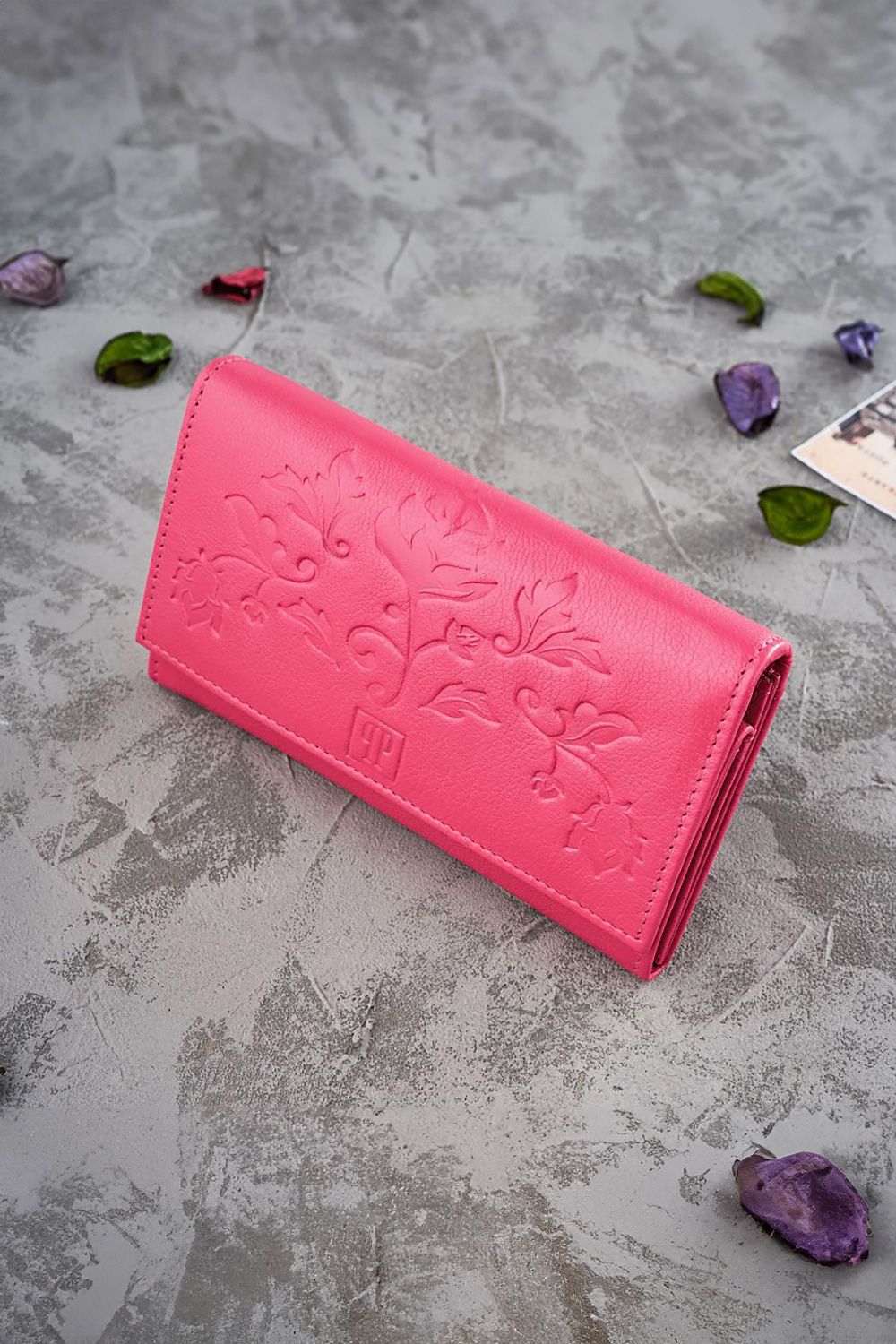 Luxury women's floral wallet by Galanter in natural grain leather showcasing intricate embossing and RFID protection.