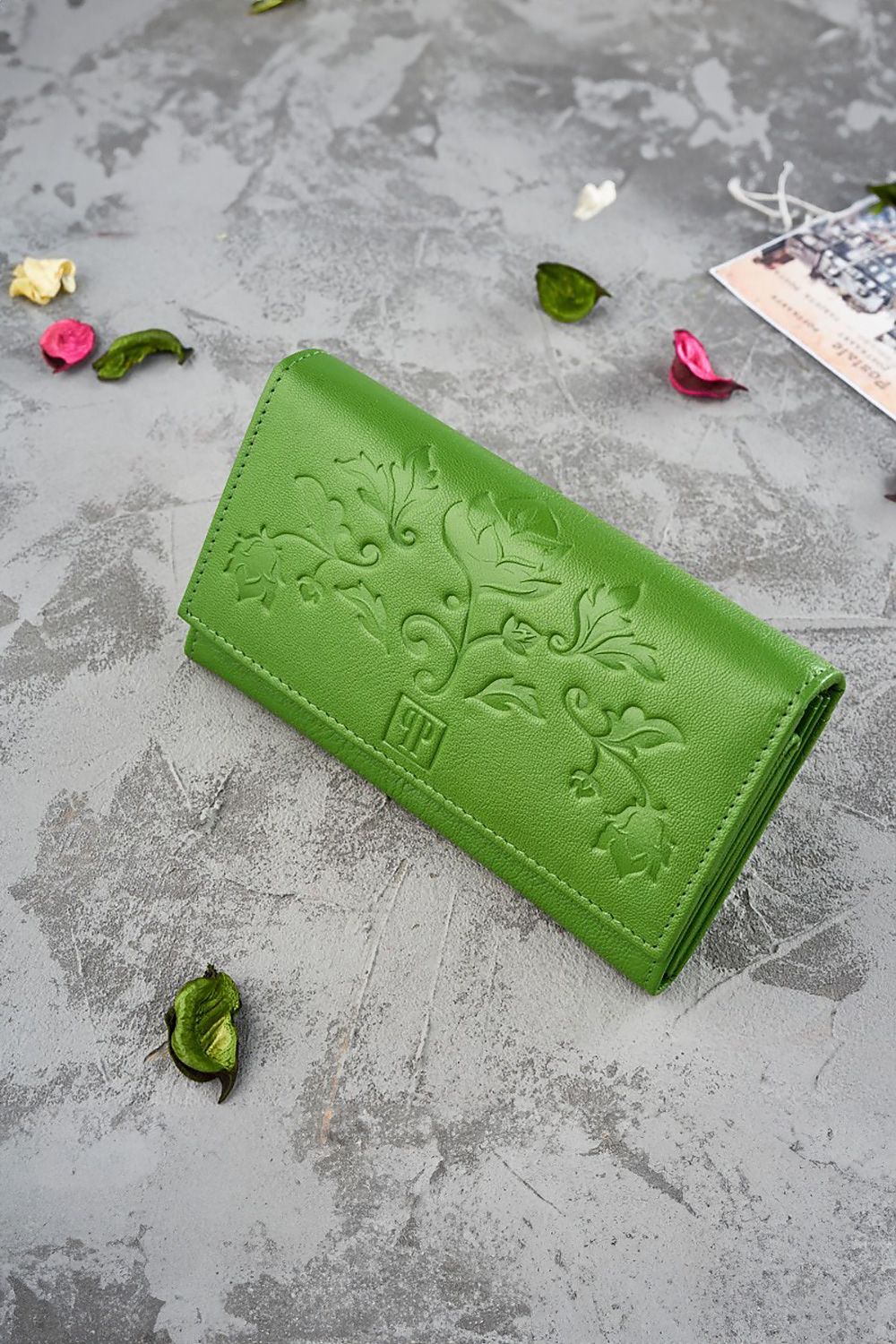 Elegant Galanter women's floral wallet displayed in natural grain leather, highlighting its stylish design and RFID shield.