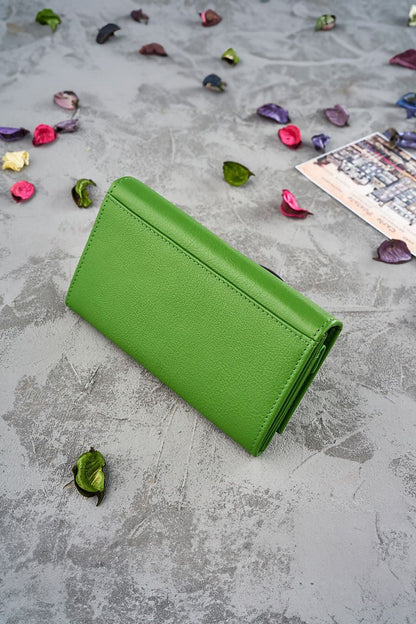 Luxury women's floral wallet by Galanter, crafted from premium natural grain leather featuring elegant embossing and RFID protection, showcasing multiple compartments for bills, credit cards, and coins.