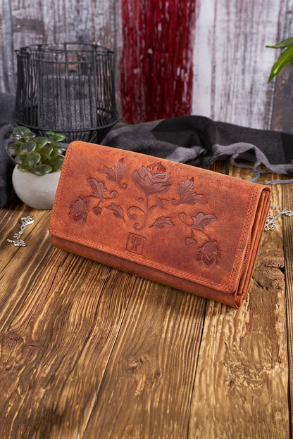 Elegant Galanter women's vintage wallet T-05-OR in orange with floral embossing and RFID protection, showcasing its chic design and ample storage compartments.