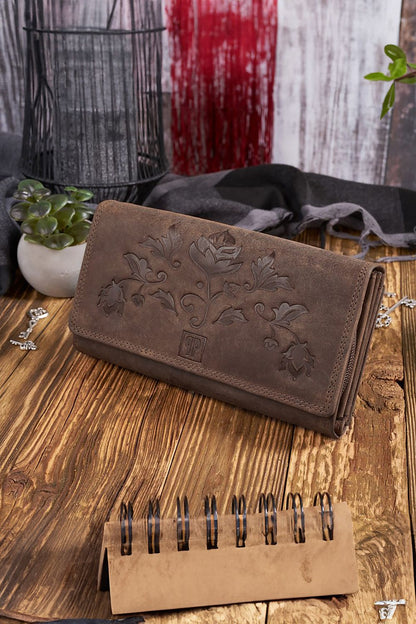 Galanter Women's Vintage Wallet T-05-OR, a luxurious floral embossed wallet showcasing ample storage and RFID protection.