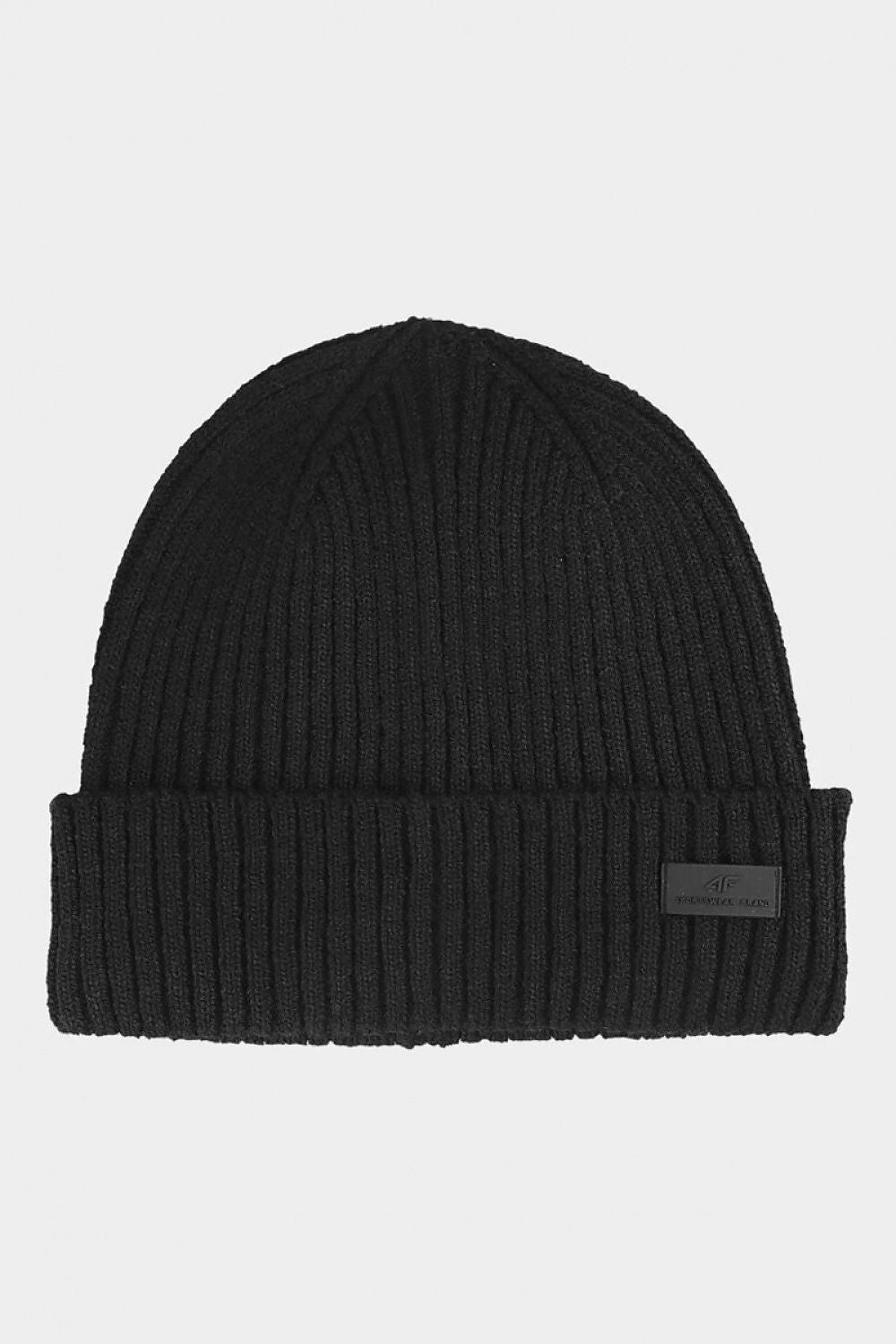 Elegant black men's cap from 4F, featuring a stylish ribbed knit design and a turned-up cuff, perfect for cold weather.