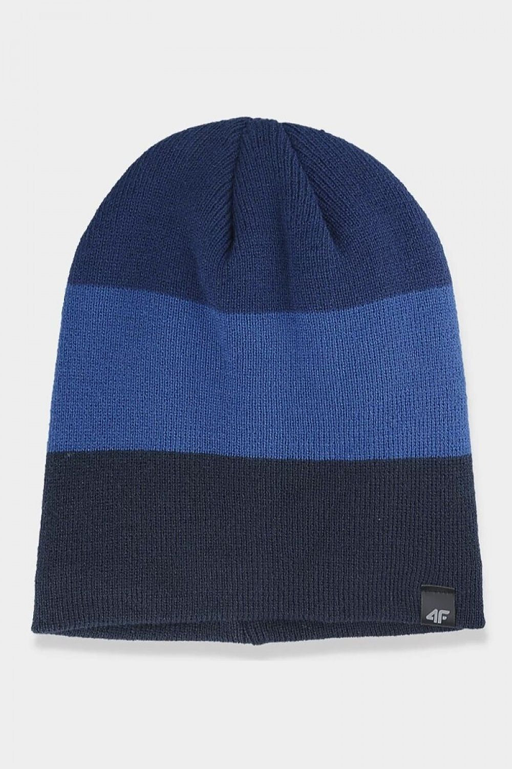 Elegant 4F men's acrylic beanie cap featuring a stylish navy blue and blue striped design, perfect for cold weather protection during outdoor activities.