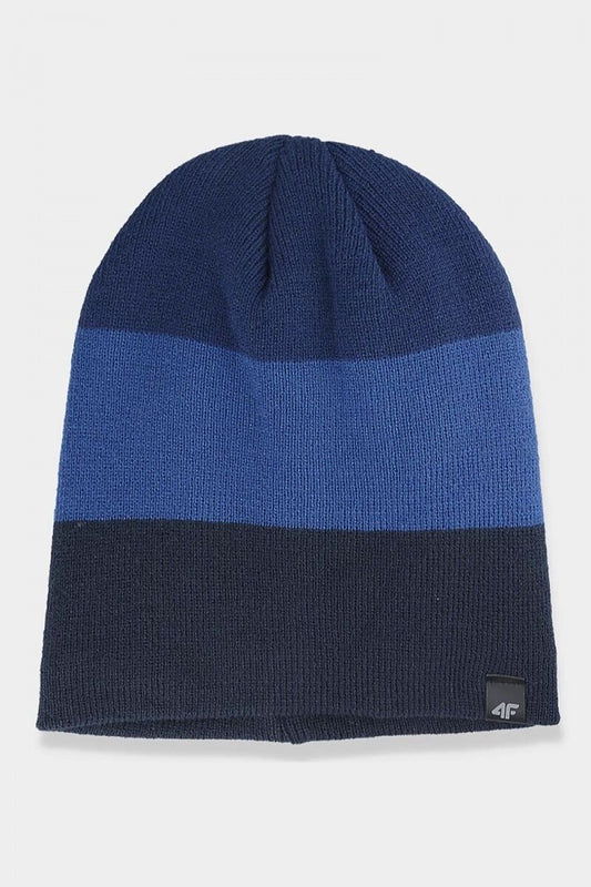 Elegant 4F men's acrylic beanie cap featuring a stylish navy blue and blue striped design, perfect for cold weather protection during outdoor activities.